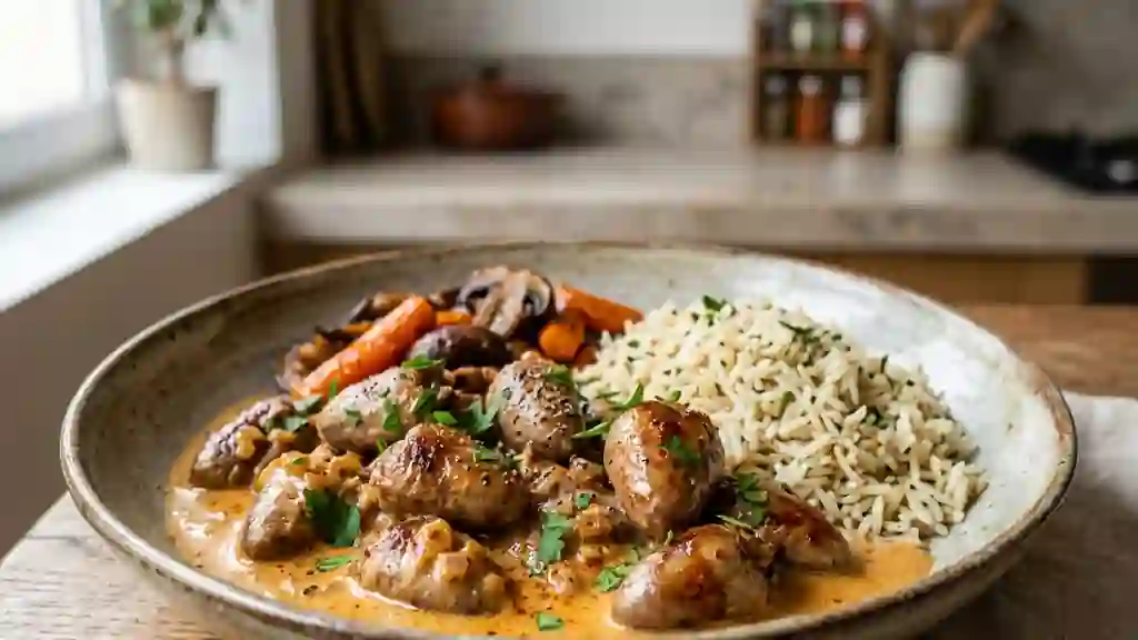 Coeurs de volaille flambés, sauce onctueuse - Photo de présentation