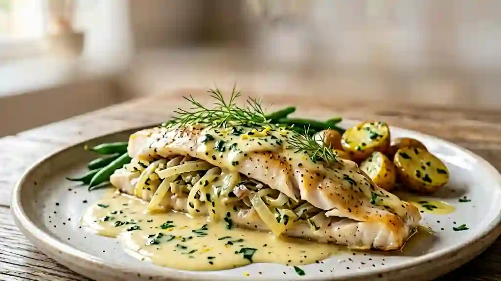 Colin farci au fenouil, sauce citronnée - Photo de présentation