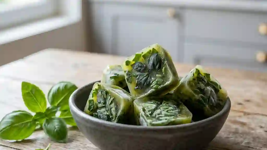 Essence de basilic frais en cubes fondants - Photo de présentation