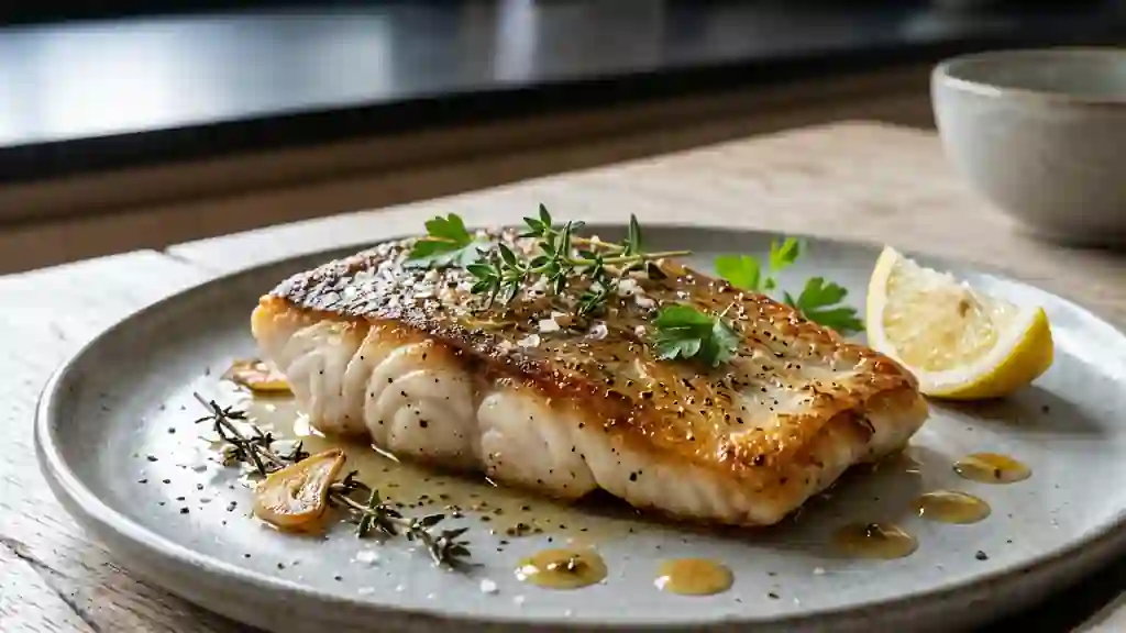 Filet de chimère poêlé à l'ail et au thym - Photo de présentation