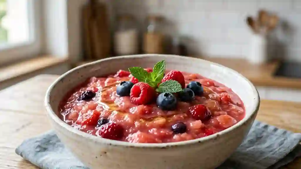 Compote rose fondante pomme-fruits rouges - Photo de présentation