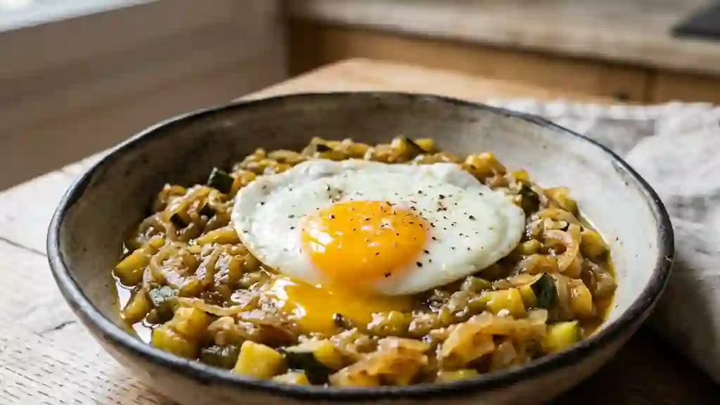 Courgettes fondantes à la cannelle et œuf coulant - Photo de présentation