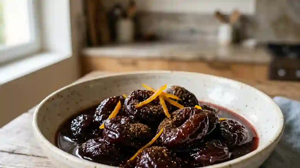 Pruneaux fondants au vin rouge épicé - Photo de présentation