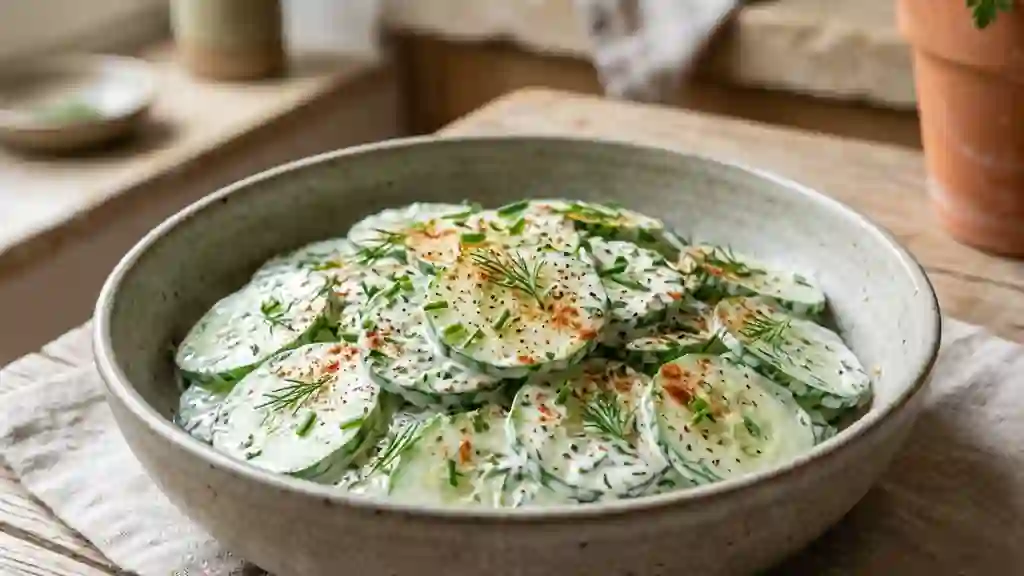 Salade de concombre crémeuse aux herbes fraîches - Photo de présentation