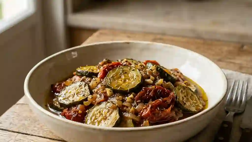 Confit fondant de courgettes et tomates à l'ail - Photo de présentation