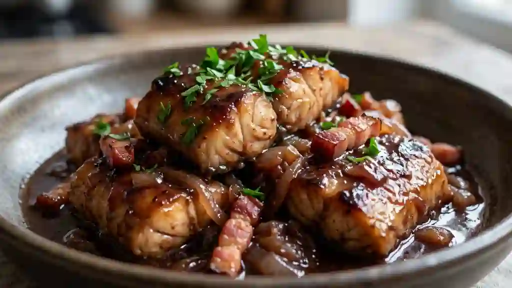Congre mijoté au vin rouge et lard fumé - Photo de présentation