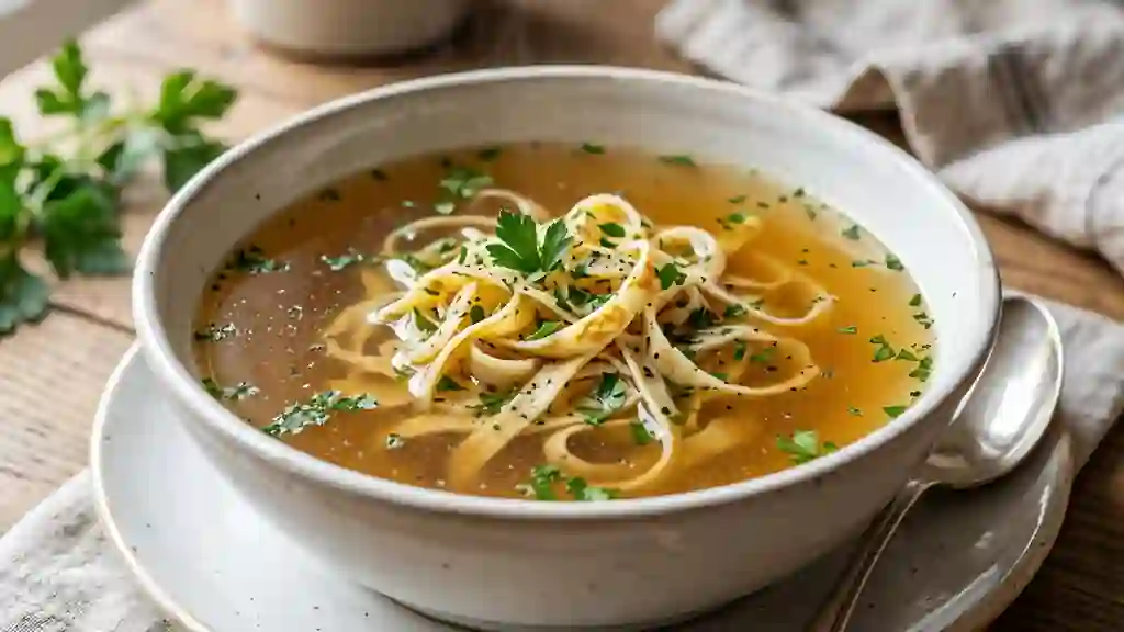 Consommé de volaille et rubans de crêpes - Photo de présentation