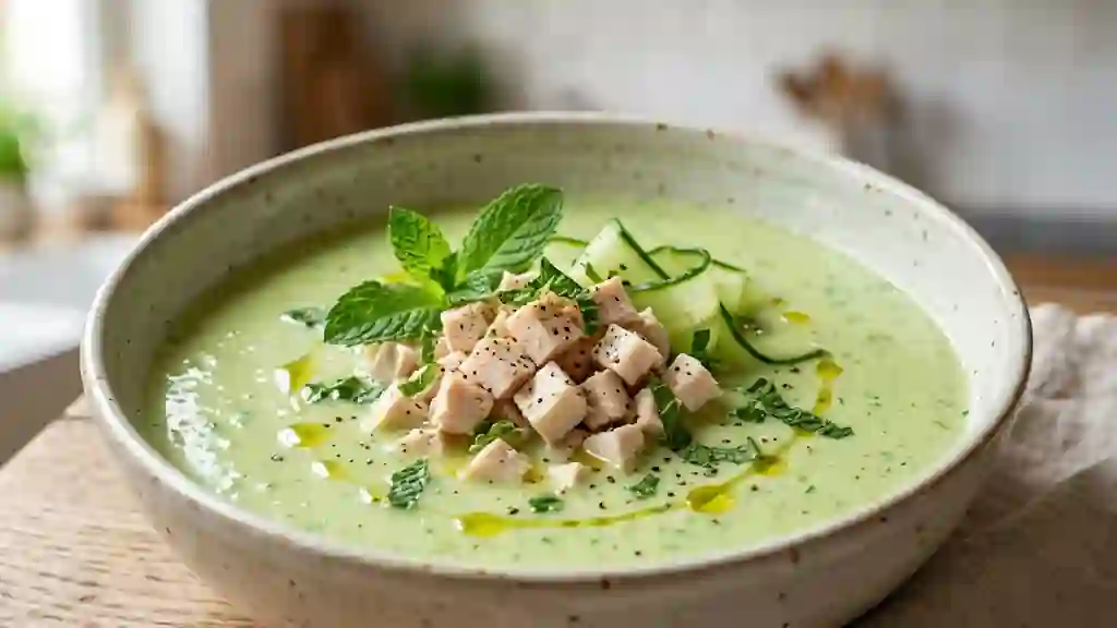 Consommé frais de concombre et poulet fondant - Photo de présentation