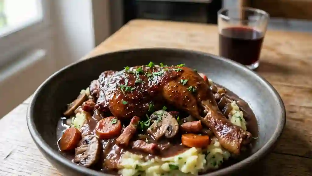 Coq au Chambertin fondant et sa sauce onctueuse - Photo de présentation