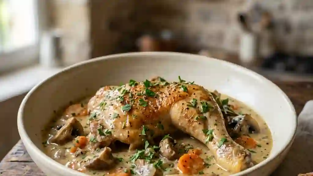 Coq au vin blanc fondant et sa sauce onctueuse - Photo de présentation