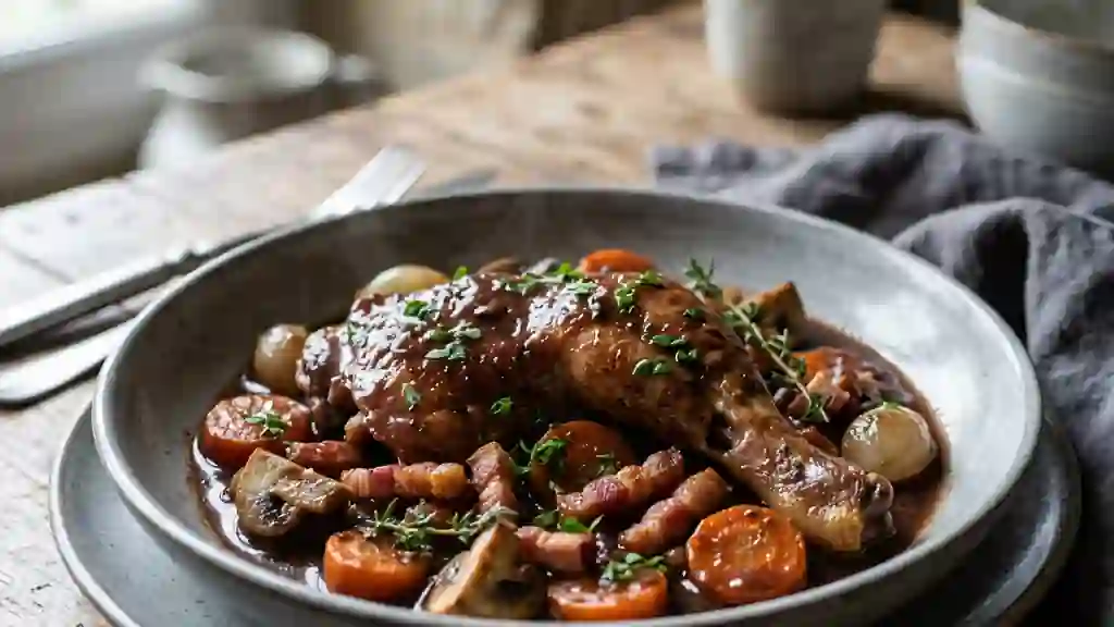 Coq au vin fondant et sauce corsée - Photo de présentation