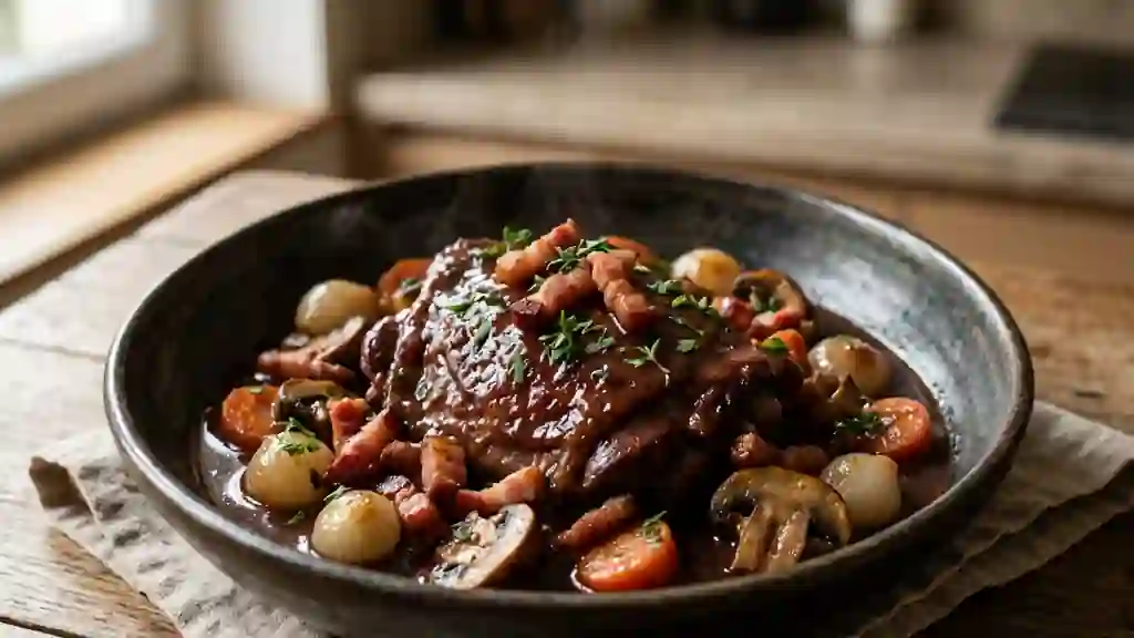 Coq au vin fondant aux petits oignons - Photo de présentation