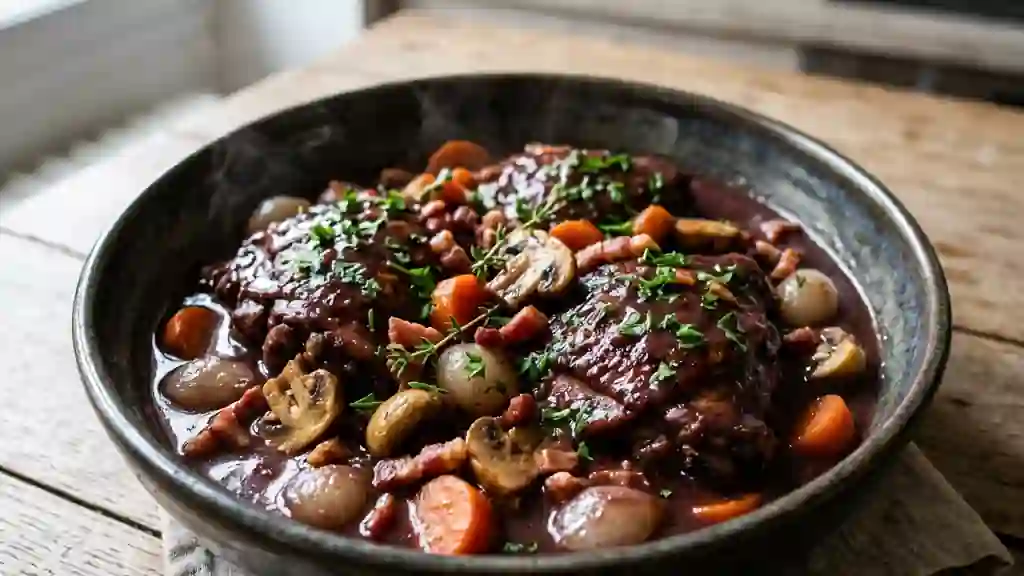 Coq au vin fondant et sa sauce onctueuse - Photo de présentation