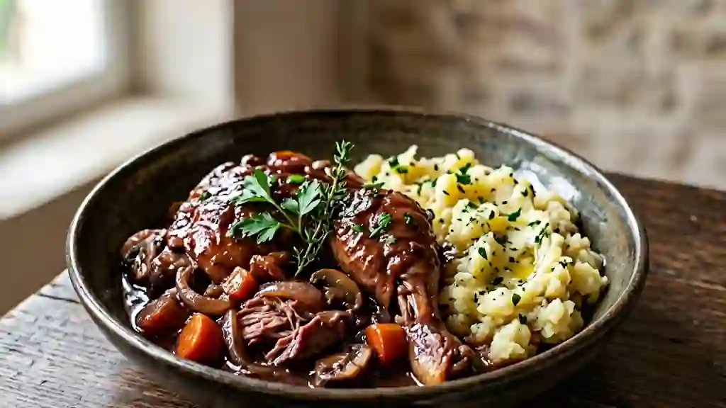 Coq au Vin Fondant et Purée à la Fourchette - Photo de présentation