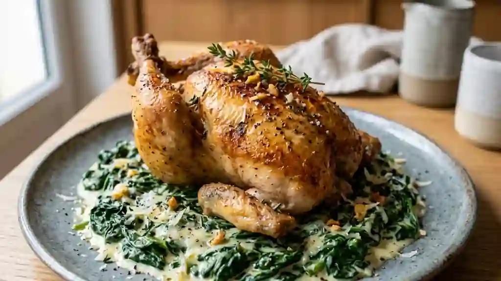 Coquelet rôti et sa crème d'épinards au parmesan - Photo de présentation