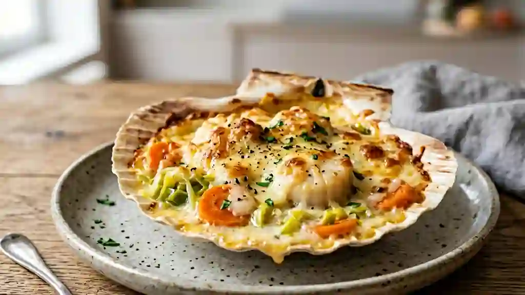 Saint-Jacques gratinées au lit de poireaux - Photo de présentation