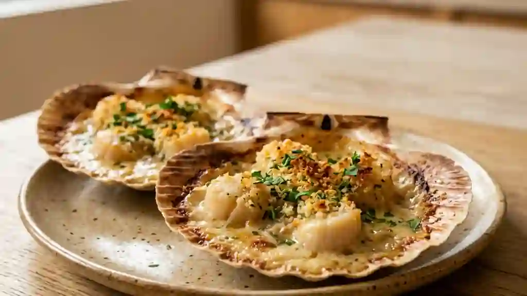 Saint-Jacques onctueuses gratinées au vin blanc - Photo de présentation