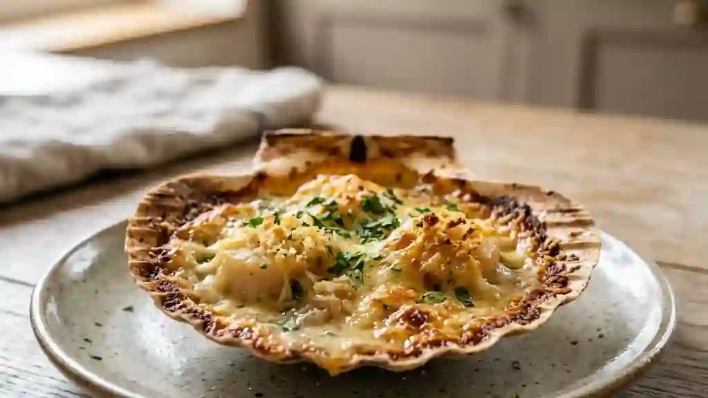Saint-Jacques gratinées : croûte d'or et crème fine - Photo de présentation