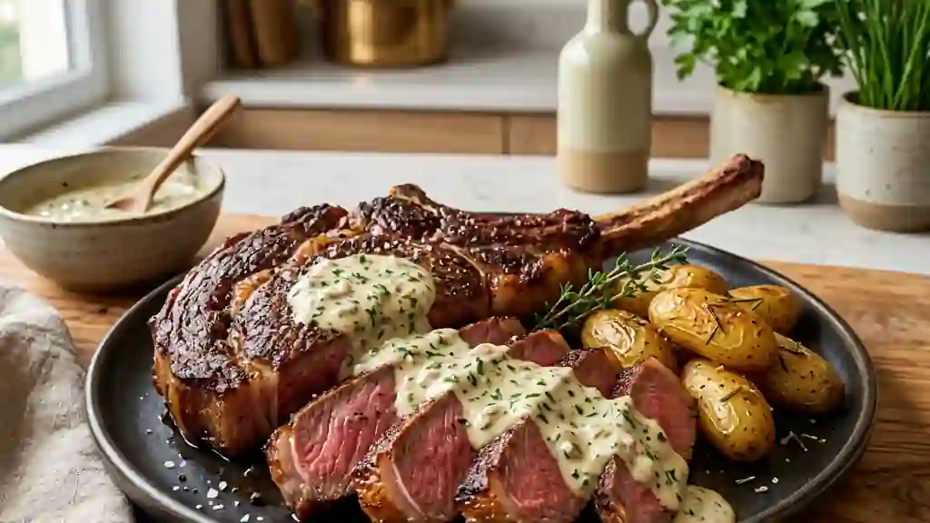Côte de bœuf saisie, sauce onctueuse aux herbes - Photo de présentation