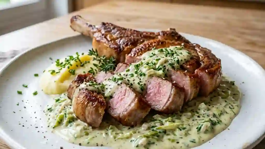 Côte de veau juteuse et crème de laitue - Photo de présentation
