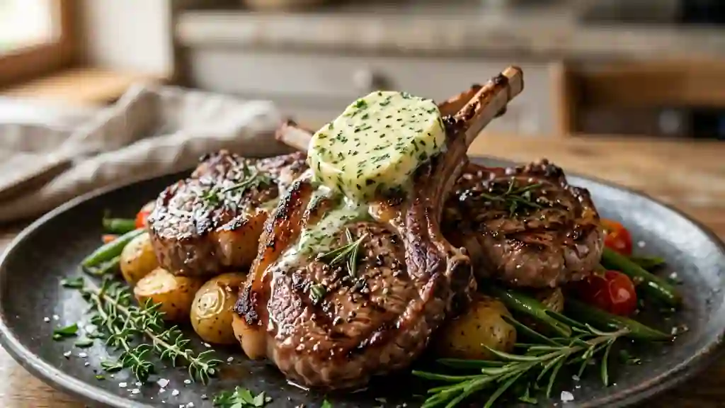 Côtelettes de mouton saisies au beurre d'herbes - Photo de présentation