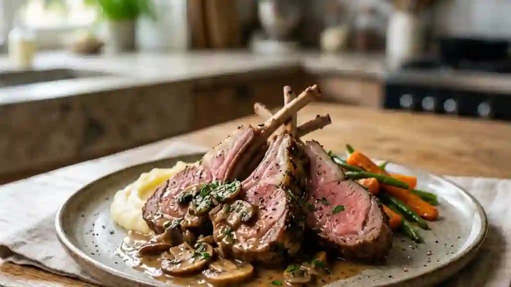 Côtes d'agneau saisies, crème aux champignons - Photo de présentation