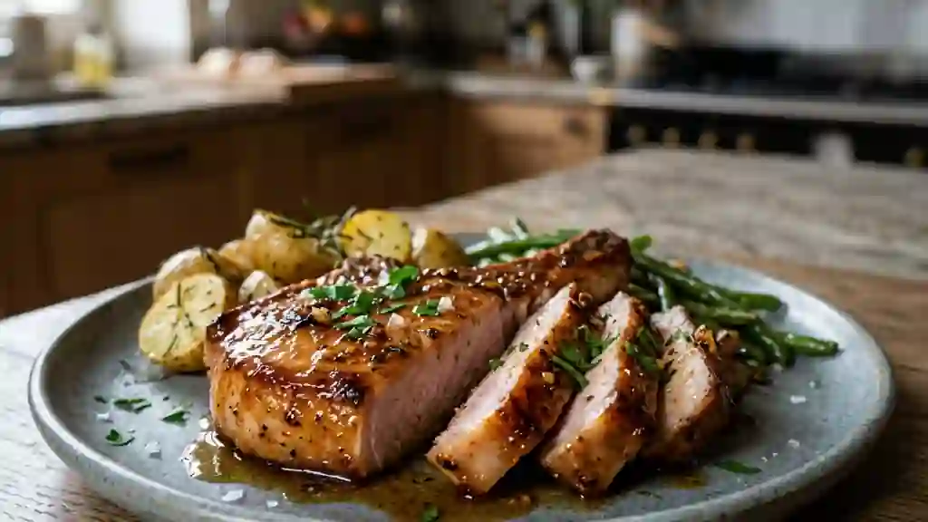 Côte de porc caramélisée au miel et ail - Photo de présentation