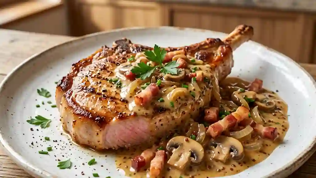 Côte de porc charcutière crémeuse et champignons - Photo de présentation