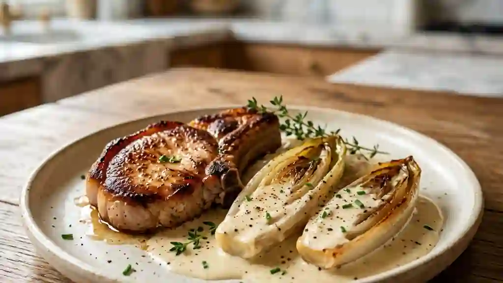 Côtes de porc et endives fondantes à la crème - Photo de présentation