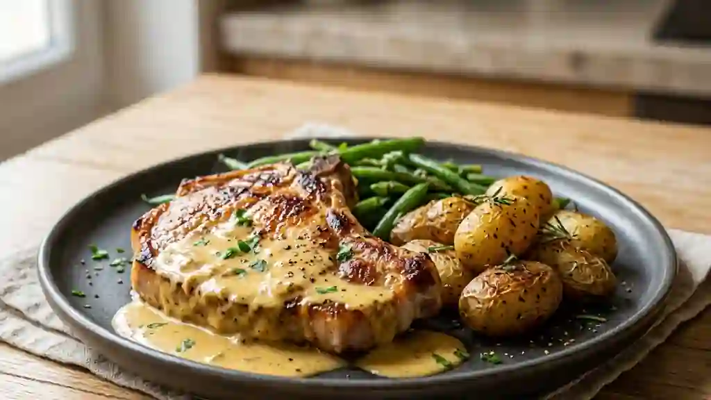 Côtes de porc juteuses à la crème de moutarde - Photo de présentation