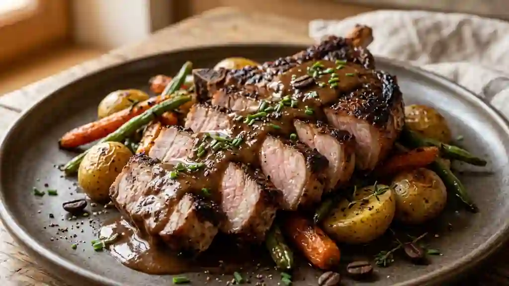 Côtes de porc grillées, sauce onctueuse au café - Photo de présentation