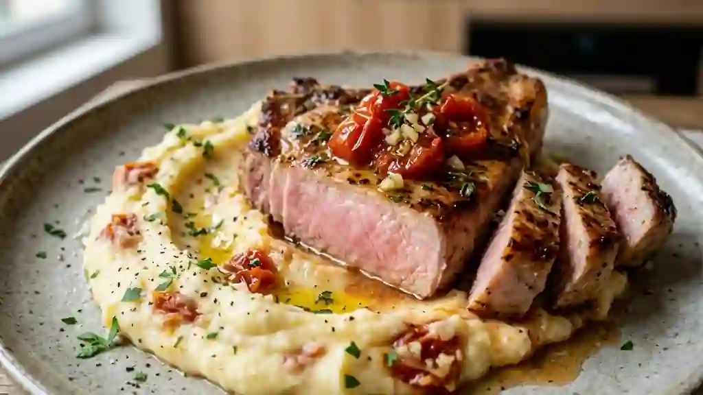 Côte de porc juteuse et purée aux tomates confites - Photo de présentation