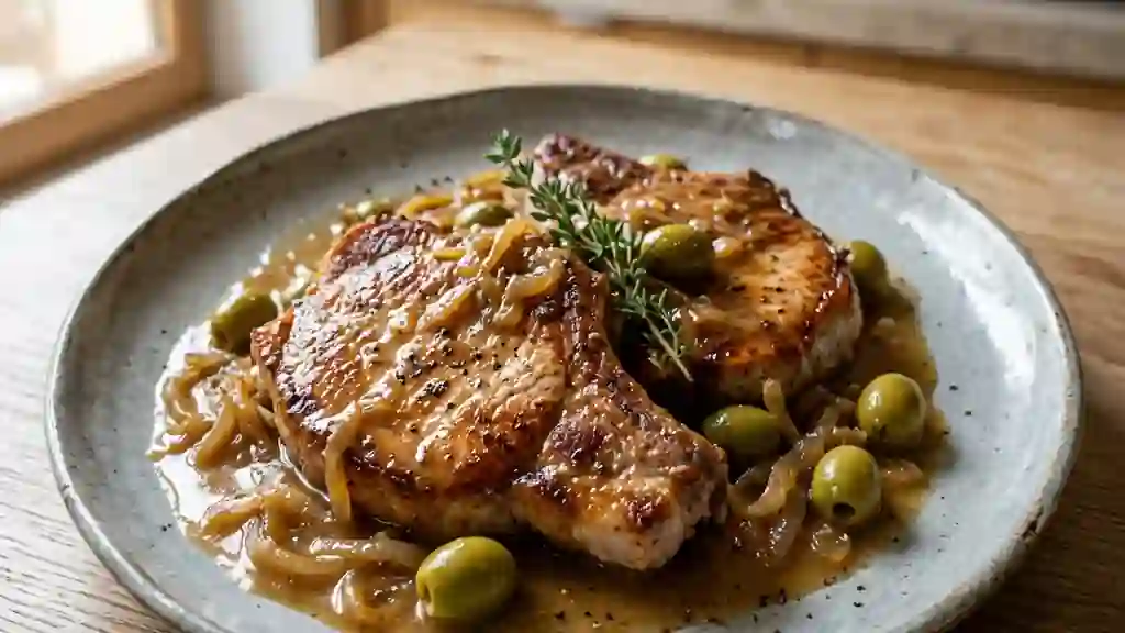 Côtes de porc tendres au vin blanc et olives - Photo de présentation