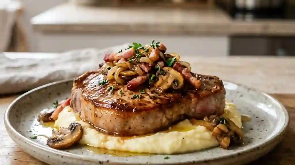 Côtes de veau saisies, champignons et lard fumé - Photo de présentation
