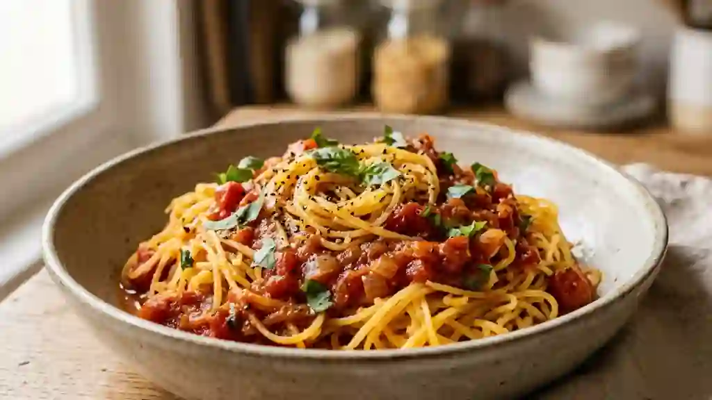 Courge spaghetti fondante au basilic - Photo de présentation