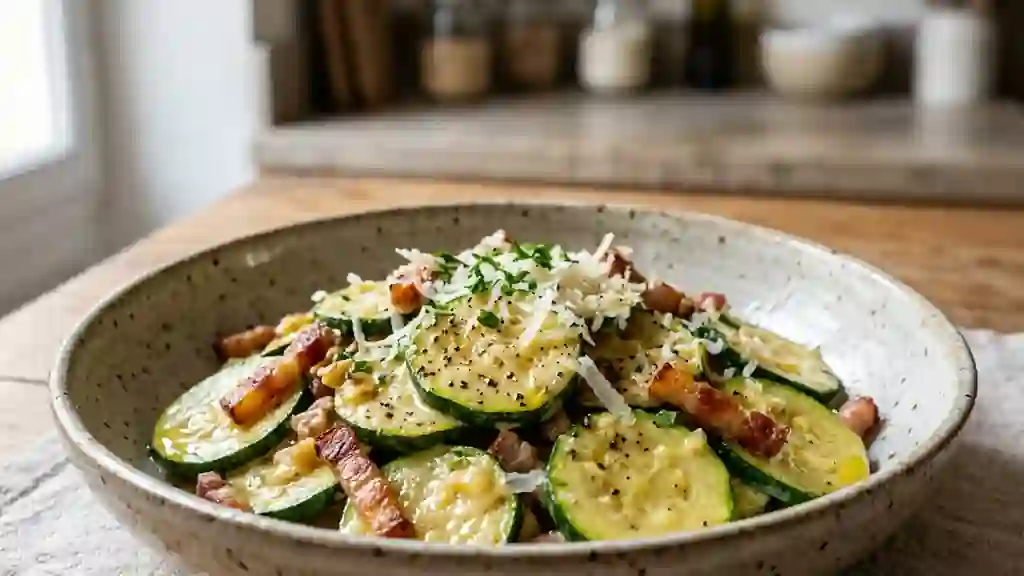 Poêlée de courgettes carbonara onctueuse - Photo de présentation