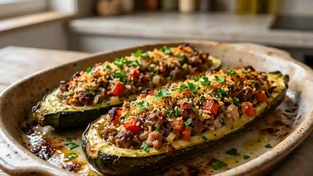 Courgettes farcies au duo de viandes juteuses - Photo de présentation