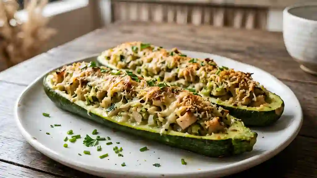 Courgettes farcies au poulet et herbes fraîches - Photo de présentation