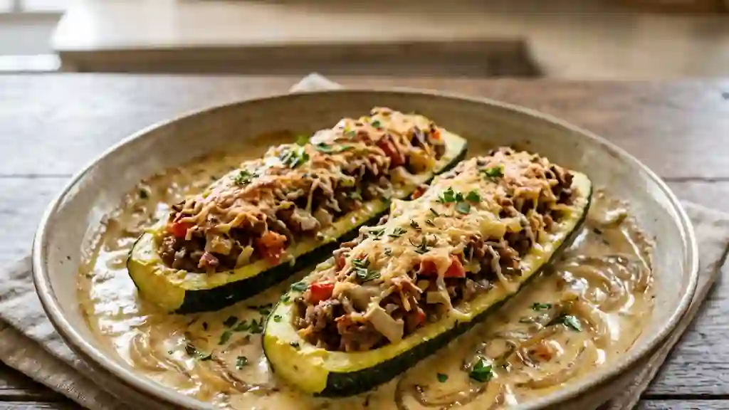 Courgettes farcies gratinées et sauce onctueuse - Photo de présentation
