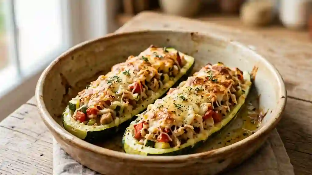 Courgettes fondantes farcies au poulet gratiné - Photo de présentation