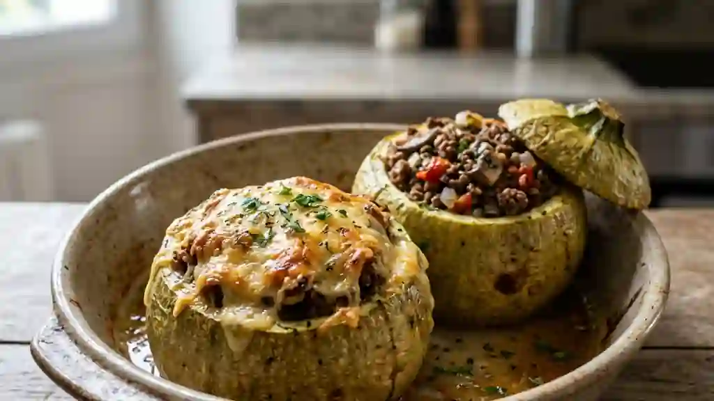 Courgettes farcies bœuf-champignons gratinées - Photo de présentation