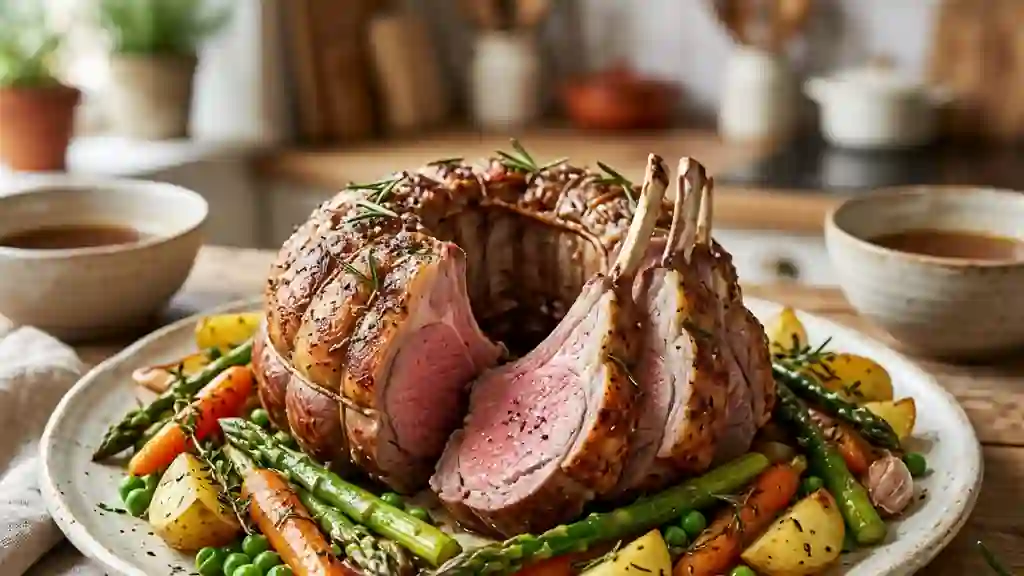 Couronne d'agneau rôtie aux légumes de saison - Photo de présentation