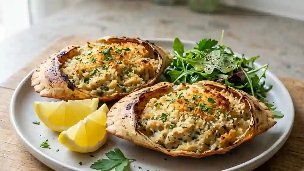 Crabes farcis à la crème et croûte dorée - Photo de présentation