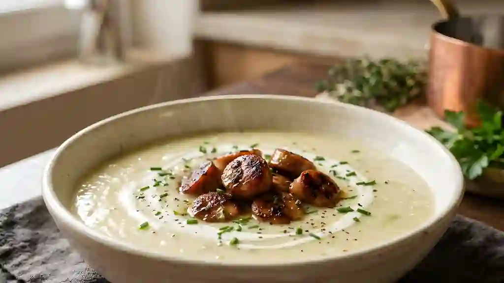 Crème de poireaux et chipolatas croustillantes - Photo de présentation