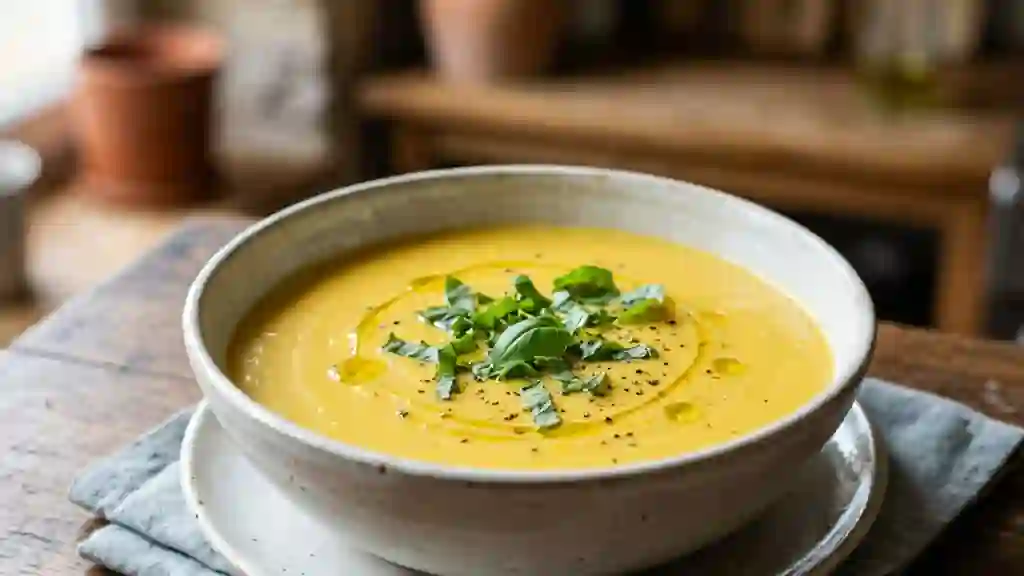 Crème soyeuse de poivrons jaunes au basilic - Photo de présentation