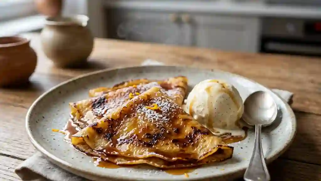 Crêpes au rhum flambées, soyeuses et dorées - Photo de présentation