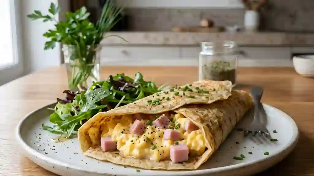 Crêpes salées au jambon et œufs crémeux - Photo de présentation