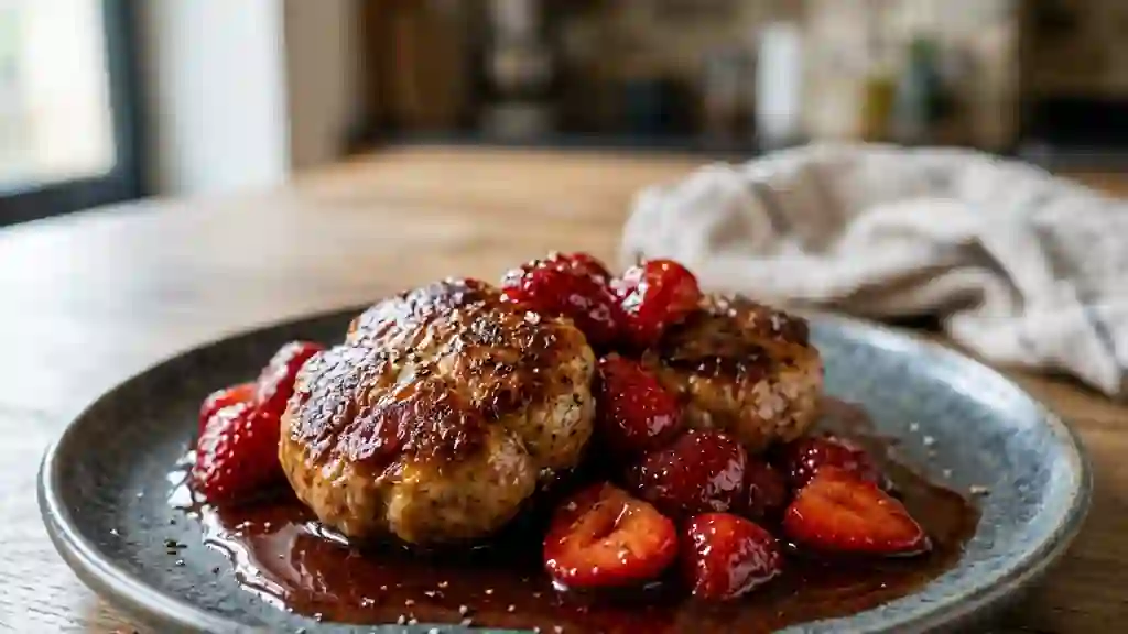 Crépinettes de porc aux fraises flambées - Photo de présentation