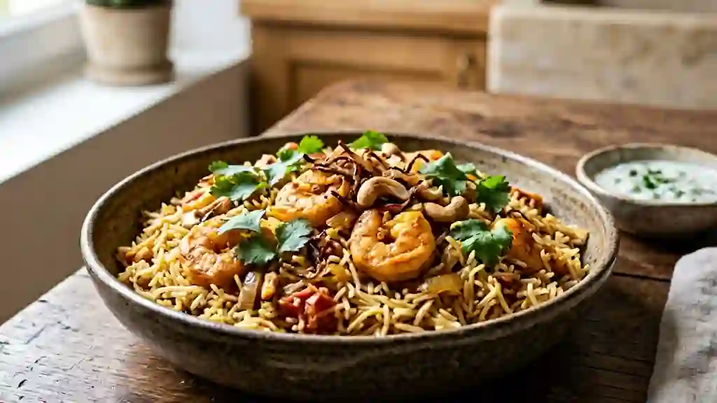 Biryani de crevettes fondant et épicé - Photo de présentation