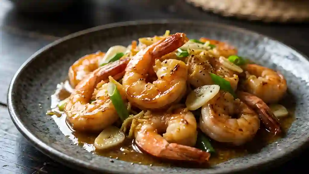 Crevettes caramélisées, gingembre et ail - Photo de présentation